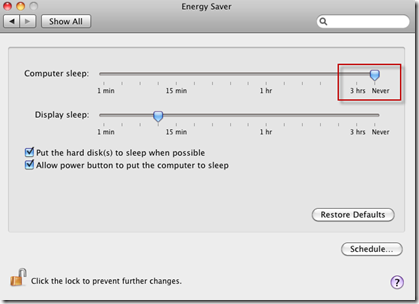 System Preferences | Enery Saver | Computer Sleep | Never