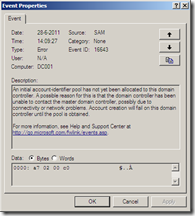 An initial account-identifier pool has not yet been allocated to this domain controller. A possible reason for this is that the domain controller has been unable to contact the master domain controller, possibly due to connectivity or network problems. Account creation will fail on this domain controller until the pool is obtained