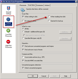 McAfee On-Access Scan Properties | Default processes | Scan Items | When reading from disk