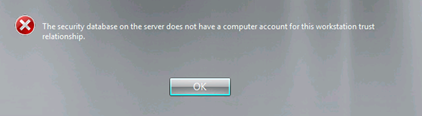 The security database on the server does not have a computer acocunt for this workstation trust relationship.
