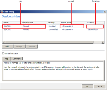 Session Printers - Settings